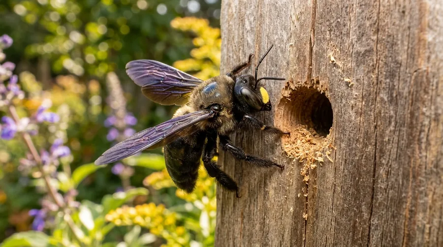 Large carpenter bee with a shiny black abdomen at a round hole bored into a wooden fascia board