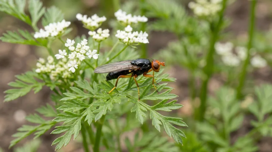 Carrot cut open to show rusty-brown tunnels left by carrot rust fly maggots
