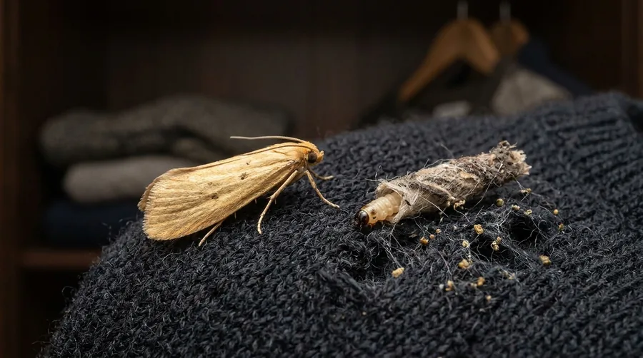Small brownish casemaking clothes moth larva dragging a silk case across a wool blanket
