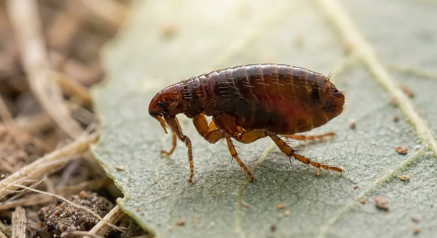 Close-up of a dark reddish-brown cat flea, a flattened wingless insect, in pet fur