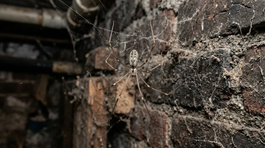 Pale long-legged cellar spider hanging in a loose tangled web in a basement corner