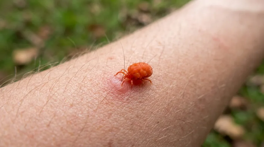 Macro close-up of a tiny bright red chigger mite on a blade of grass in a field