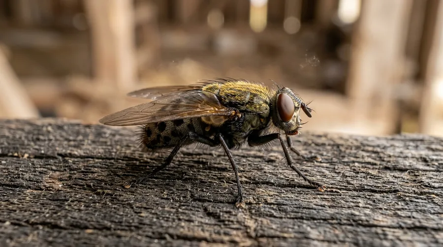 Sluggish dark-gray cluster fly with golden thorax hairs on a sunny window frame