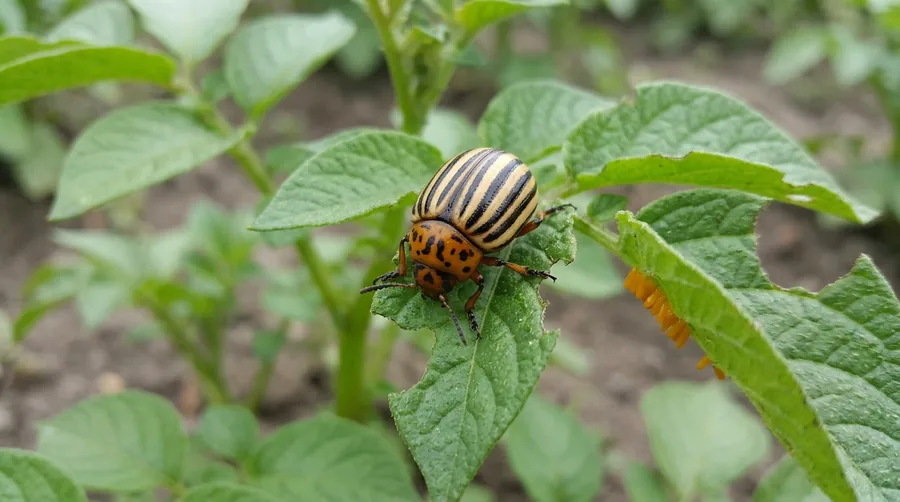 Yellow and black striped Colorado potato beetle on a chewed potato leaf