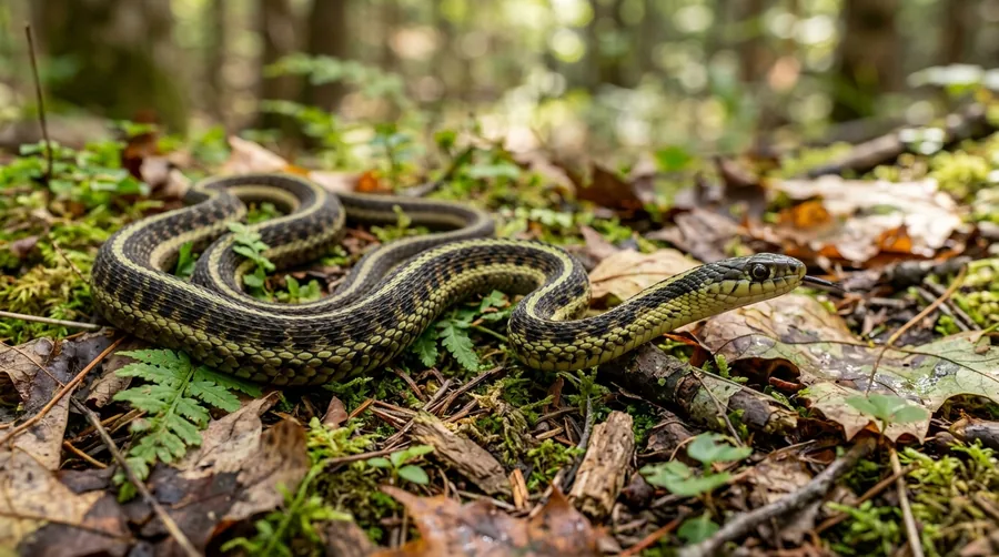 Slender garter snake with yellow stripes running down a dark body in a garden