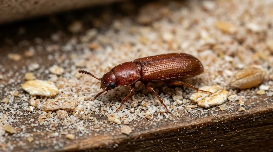 Small shiny reddish-brown confused flour beetle among grains of cereal