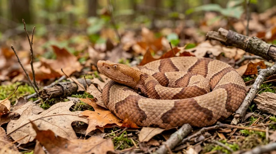 Copper-colored copperhead snake with dark hourglass crossbands coiled in leaf litter