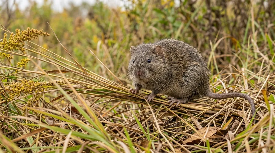 Grizzled gray-brown hispid cotton rat in dense grass at a field edge