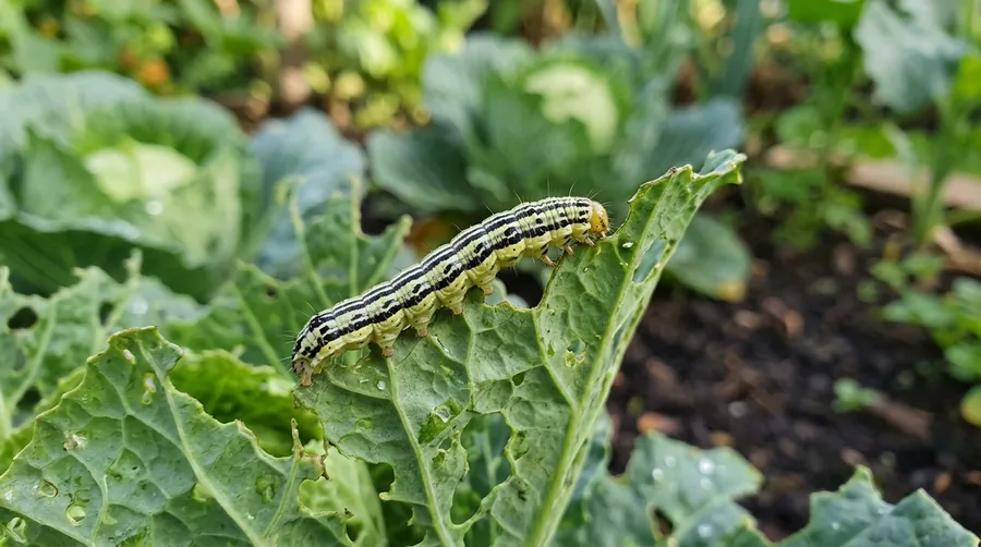 Bluish-gray cross striped cabbageworm with black bands across its back on a cabbage leaf