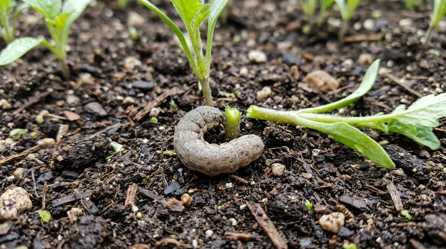 Plump gray-brown cutworm curled into a C shape in garden soil beside a cut seedling