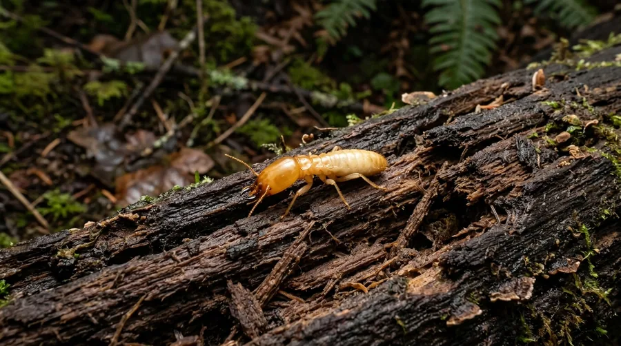 Large creamy-tan dampwood termites in moist, decaying wood with a soldier showing a dark head