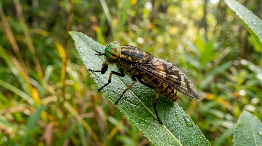 Deer fly with patterned wings and bright green eyes resting on a leaf