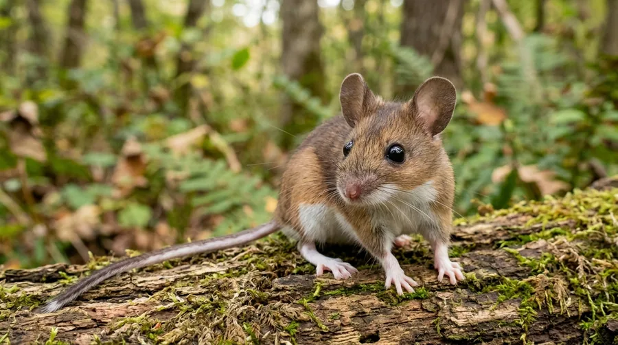 Brown deer mouse with large eyes, white belly, and two-toned tail on a wooden shed floor