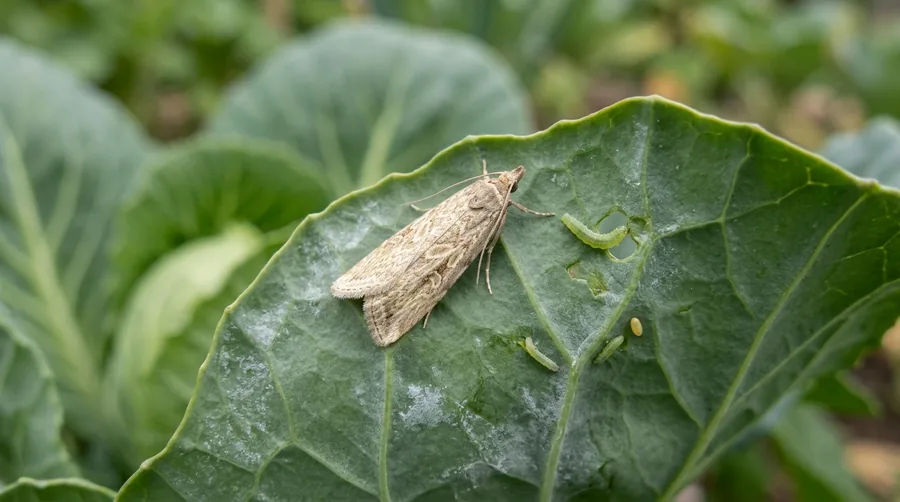 Small gray-brown diamondback moth resting on a green cabbage leaf with pale diamond markings on its back