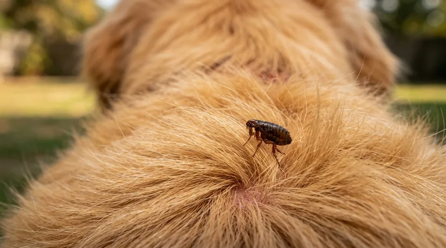 Tiny reddish-brown dog flea with a flattened body in an animal's fur