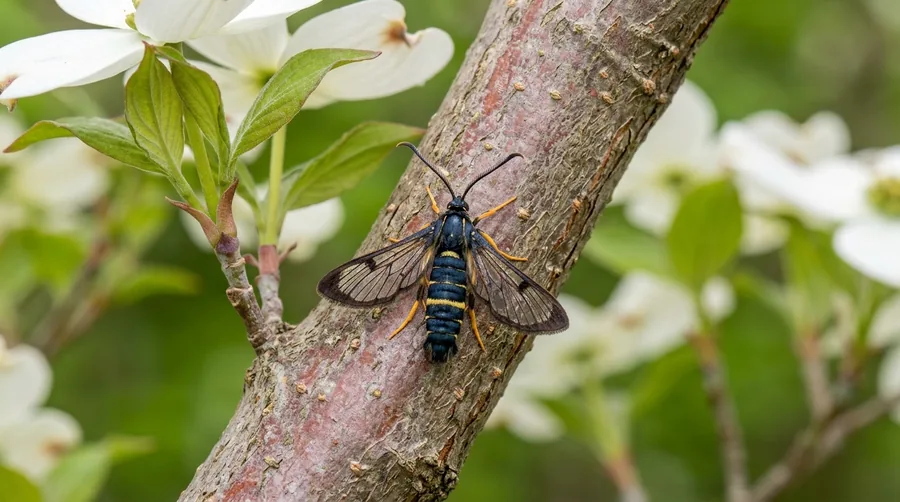 Black clearwing dogwood borer moth with yellow markings resembling a wasp on dogwood bark