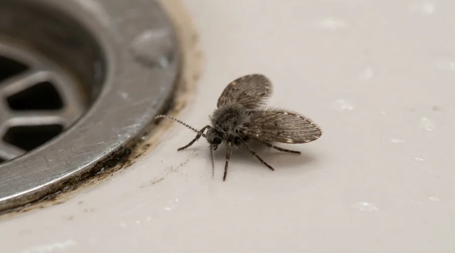 Tiny fuzzy moth-like drain fly with heart-shaped wings resting on a bathroom sink