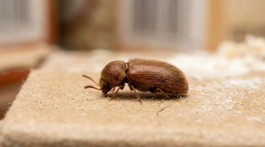 Tiny reddish-brown hump-backed drugstore beetle on grains of flour