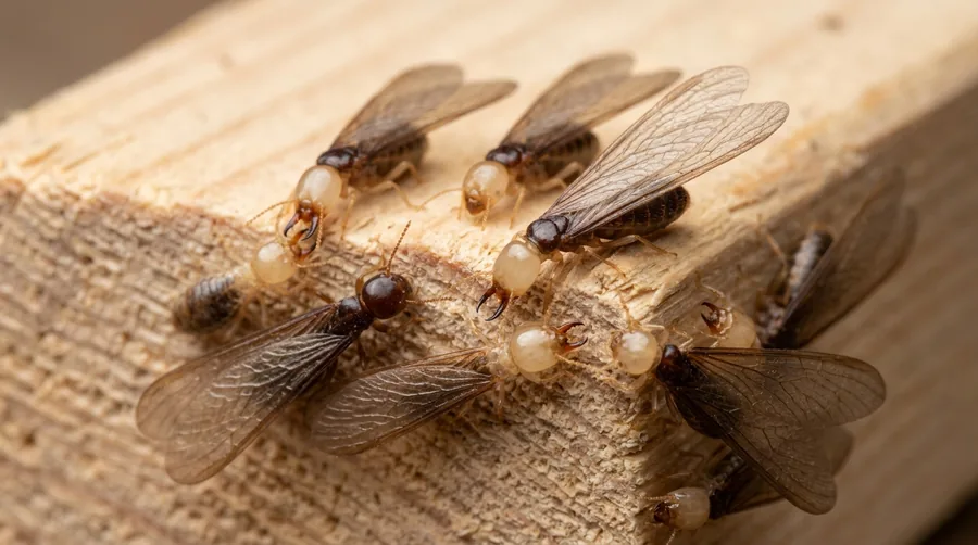 Cream-colored drywood termites inside dry wood beside a small pile of six-sided fecal pellets