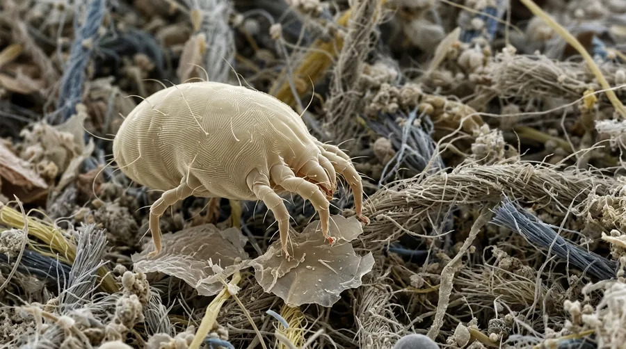 Microscope-style close-up of a translucent house dust mite among fibers and skin flakes in dust