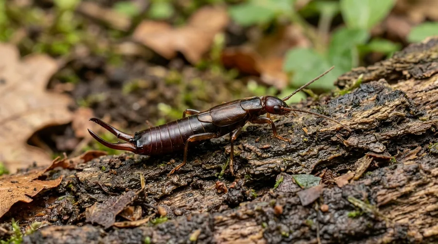 Reddish-brown European earwig with prominent rear pincers on a damp garden leaf