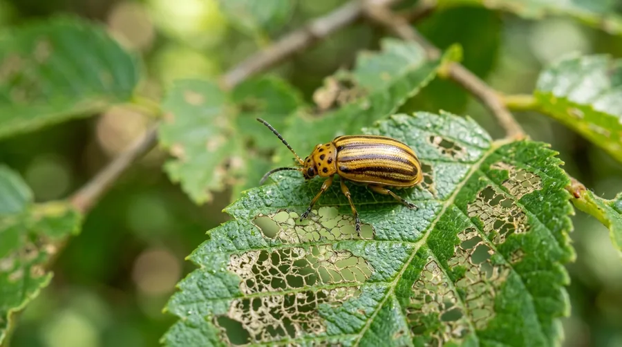Yellow-green elm leaf beetle with black side stripes on a skeletonized elm leaf