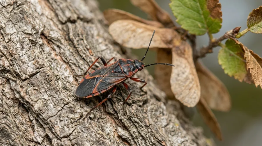 Dark brownish-black elm seed bug with rusty-red markings on a windowsill indoors