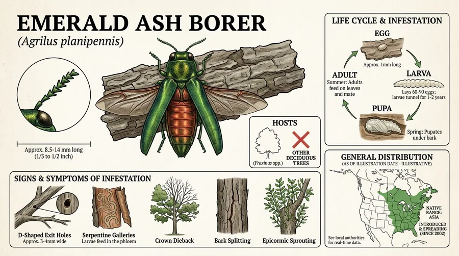 Metallic emerald-green emerald ash borer beetle on ash bark beside a D-shaped exit hole