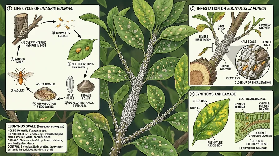 White male and brown female euonymus scales encrusting the stems and leaves of a euonymus shrub