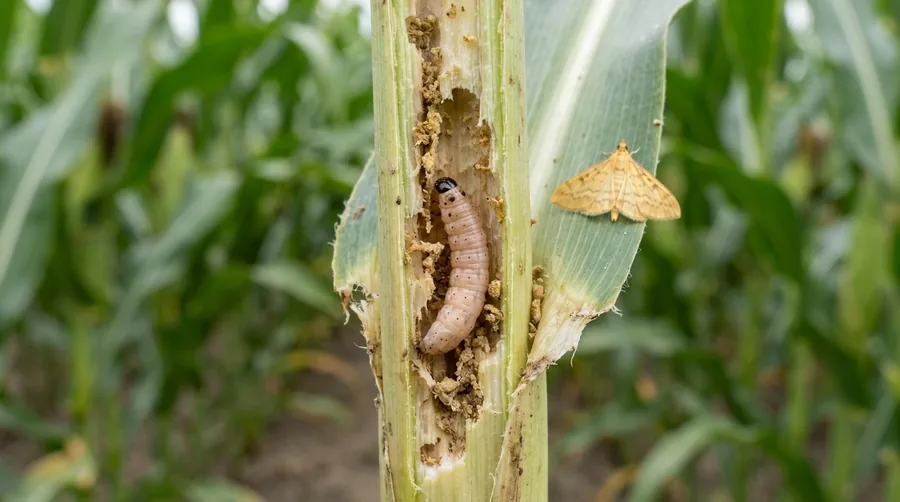 Pale pinkish European corn borer caterpillar tunneling inside a split corn stalk