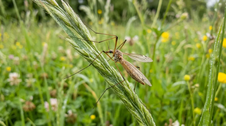 Long-legged brown European crane fly resembling a giant mosquito on a grass blade