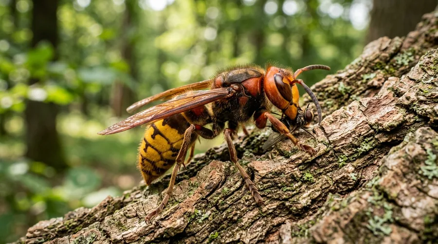 Large brown and yellow European hornet resting on tree bark at the entrance to a wall void