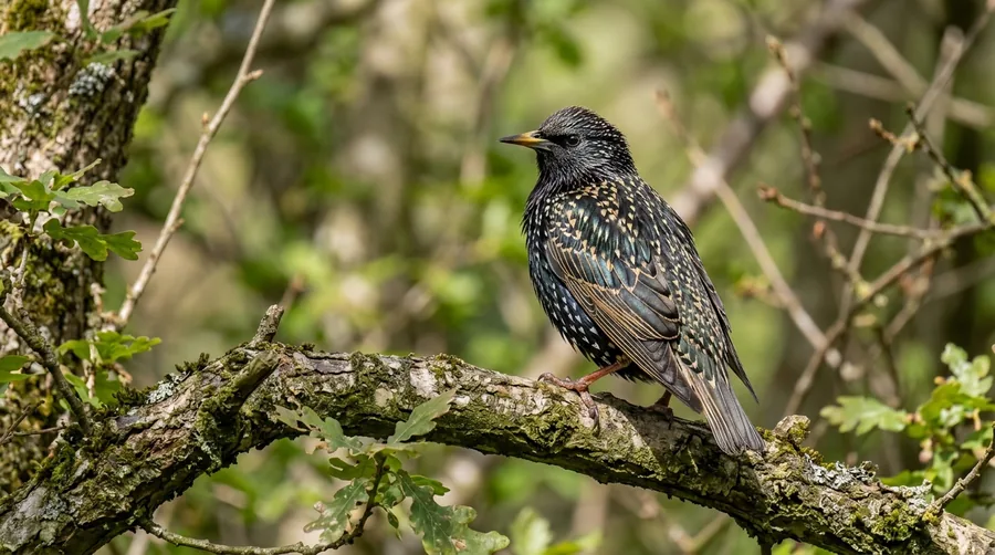 Glossy black European starling with white speckles and a yellow bill on a rooftop