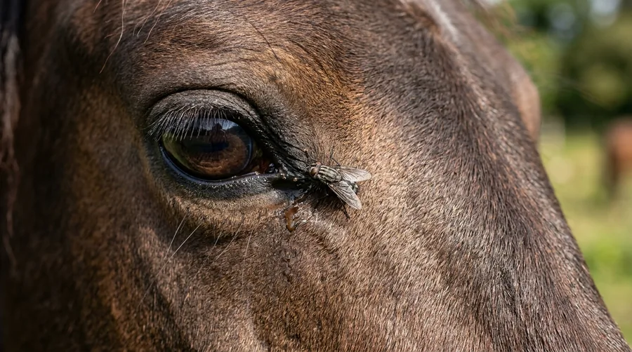 Face flies gathered around the eyes and nose of a cow feeding on secretions
