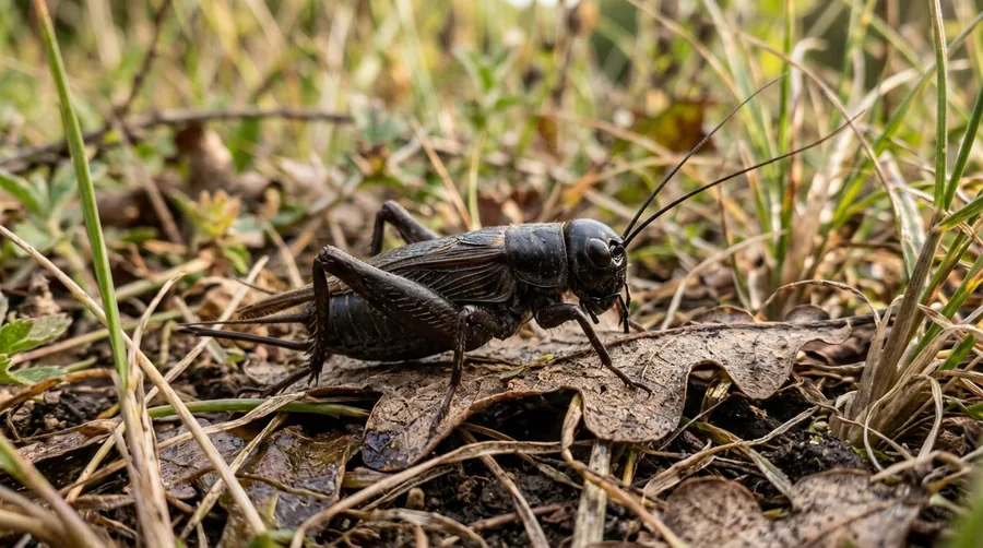 Shiny black field cricket with long antennae on a wooden surface