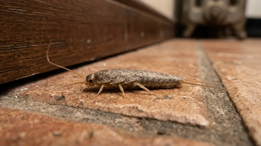 Mottled gray-brown firebrat with long antennae and tail bristles near a warm pipe