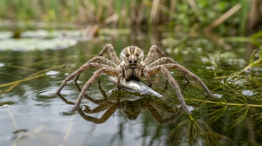 Large brown mottled fishing spider with long legs perched at the edge of still water