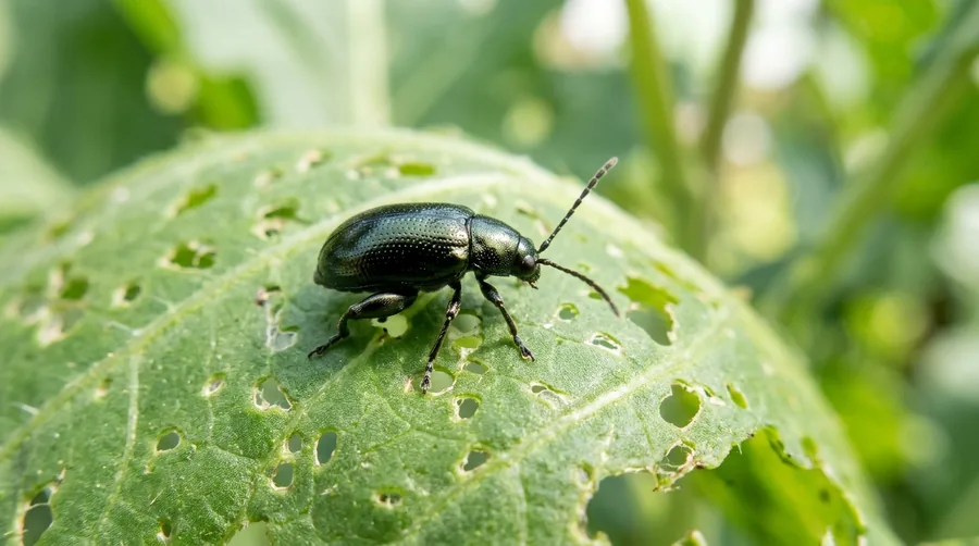Tiny dark flea beetle on a leaf riddled with small round shot-hole feeding pits