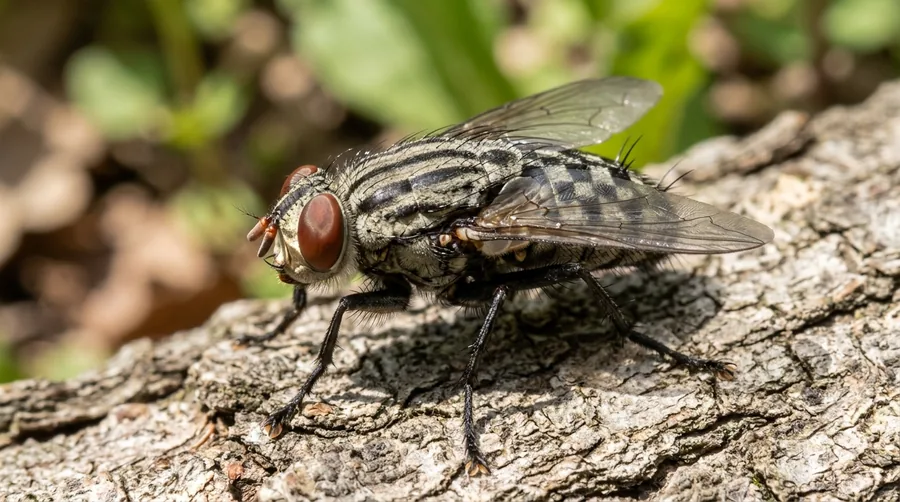 Gray flesh fly with three thorax stripes and a checkered abdomen on a surface