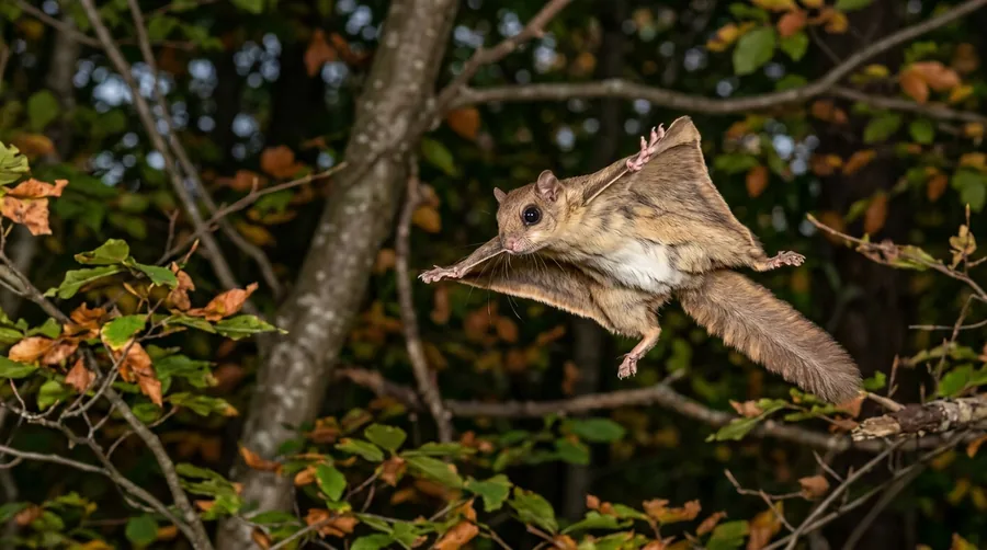 Small gray-brown flying squirrel with large dark eyes and skin flap on a tree trunk at night
