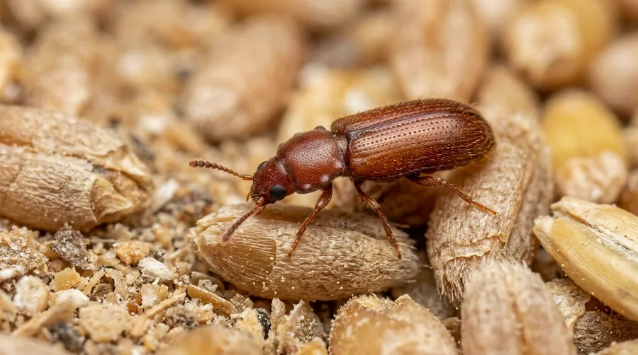 Tiny reddish-brown foreign grain beetle on a damp windowsill in a humid room