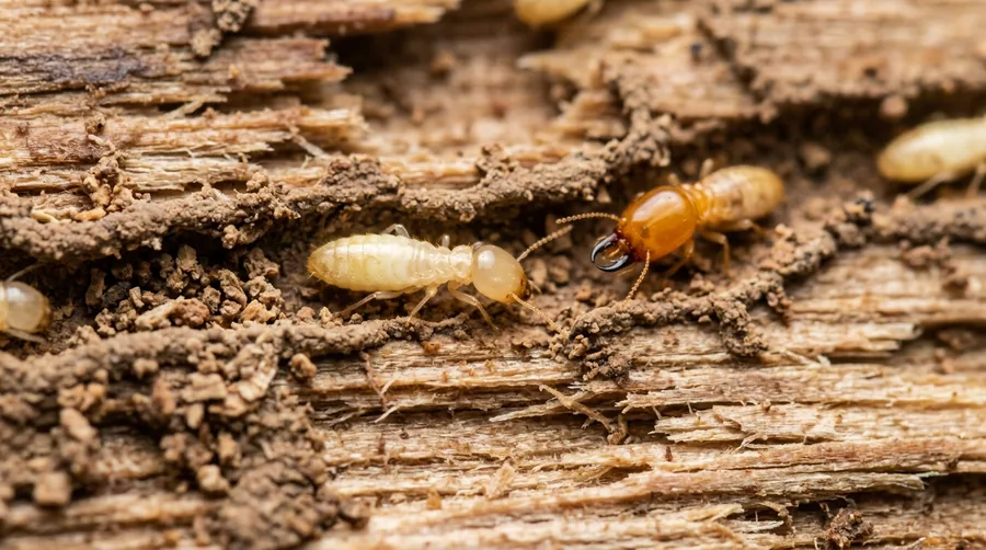 Creamy-white Formosan subterranean termites on damaged wood beside soft papery carton nest material
