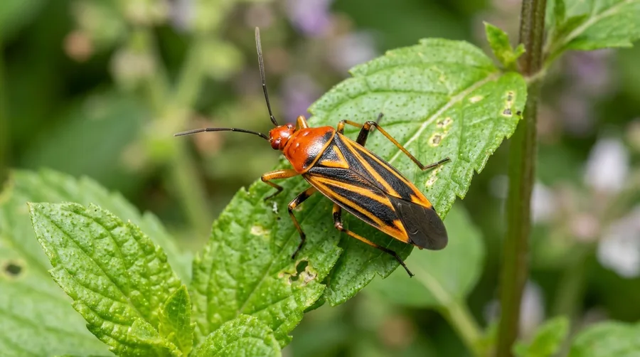 Bright yellow-green four lined plant bug with four black stripes on its wings resting on a mint leaf
