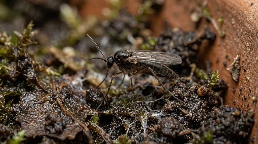Tiny dark fungus gnat with long legs on the soil surface of a potted plant