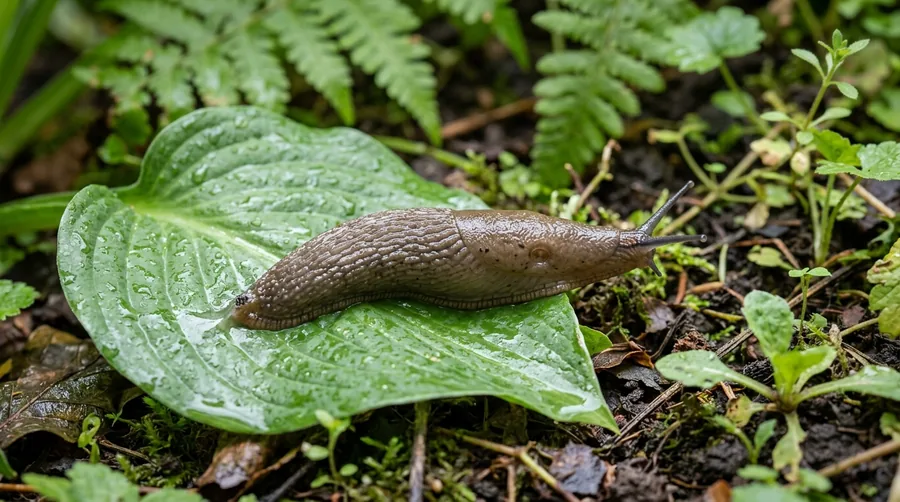 Brown garden slug on a chewed green leaf with a silvery slime trail