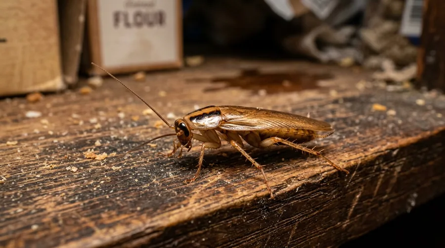 Light tan German cockroach with two dark stripes behind its head on a kitchen surface