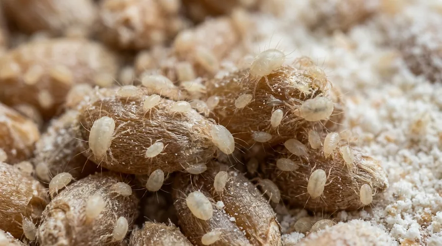 Microscopic pale soft-bodied grain mites forming a fine dust on damp stored flour