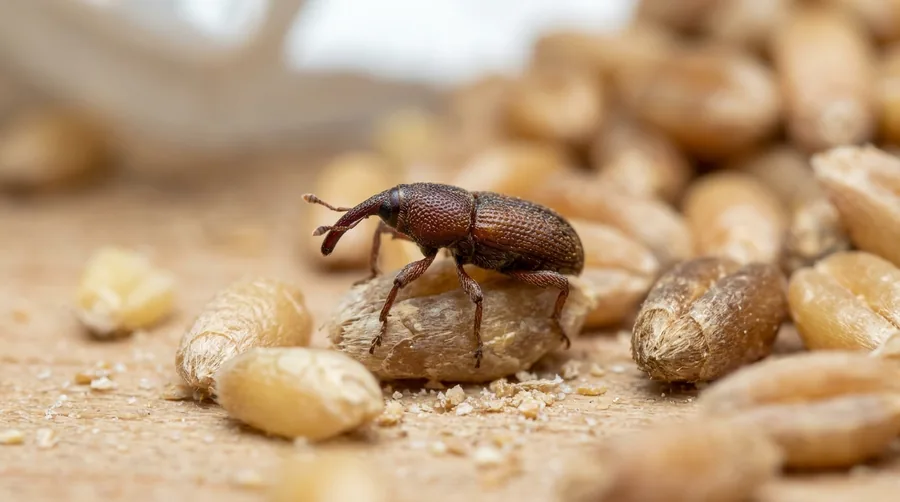Shiny dark reddish-brown granary weevil with a long snout on wheat kernels