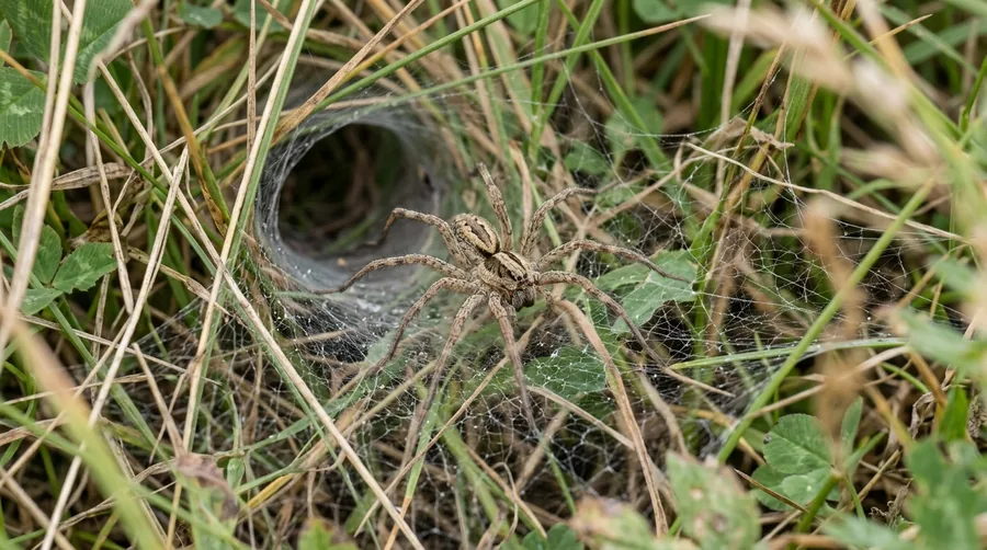 Brown grass spider with long spinnerets at the mouth of a sheet funnel web in dewy grass