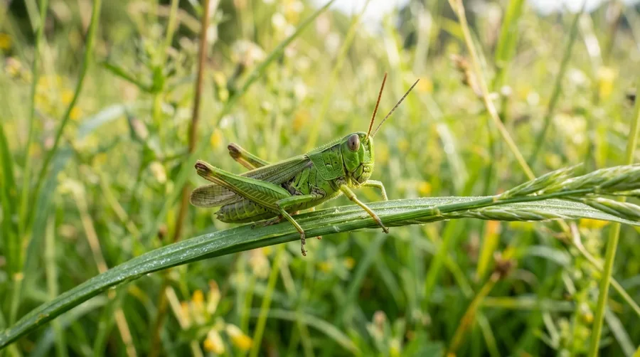 Brown-green grasshopper with large hind legs on a chewed garden leaf